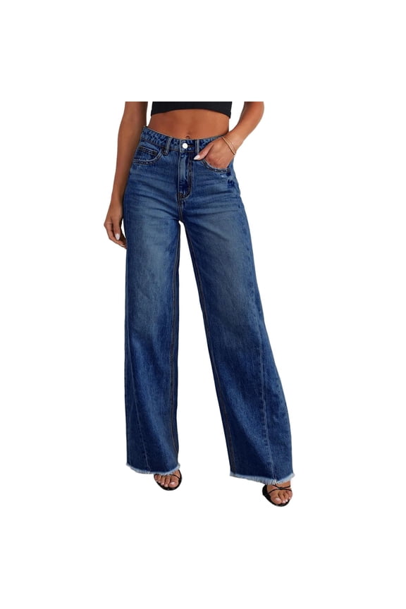 Stretch Denim Wide Leg Jeans for Women, High Rise Distressed Mini Ripped Raw Edge Ankle Trousers Royal Blue S