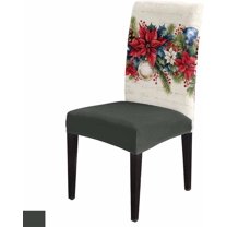 Stretch Dining Chair Covers Set of 8, Christmas Winter Red Blue Poinsettia Pine Leaves Berry Vintage Beige Removable Dining Chair Protector Slipcovers for Kitchen Party Restaurant
