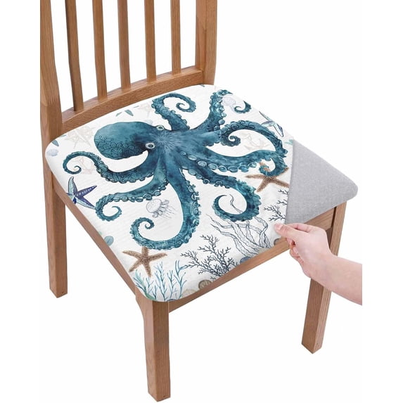 Stretch Dining Chair Seat Covers Set of 4, Removable Washable Chair Covers Seat Slipcovers, Blue Octopus Coral Chair Protector Dust-proof Chair Cover Seat for Kitchen/Office Decor