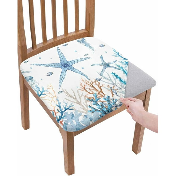 Stretch Dining Chair Seat Covers Set of 4, Removable Washable Chair Covers Seat Slipcovers, Blue Coral Starfish Chair Protector Dust-proof Chair Cover Seat for Kitchen/Office Decor