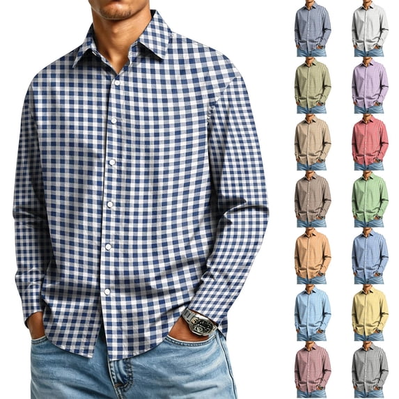 Stretch Fabric Checkered Long Sleeve Button Up Shirt for Men Classic Gingham Pattern Lapel Collar Regular Fit Lightweight Business Work Casual Easy Outfit Pairing Shirts 3XL