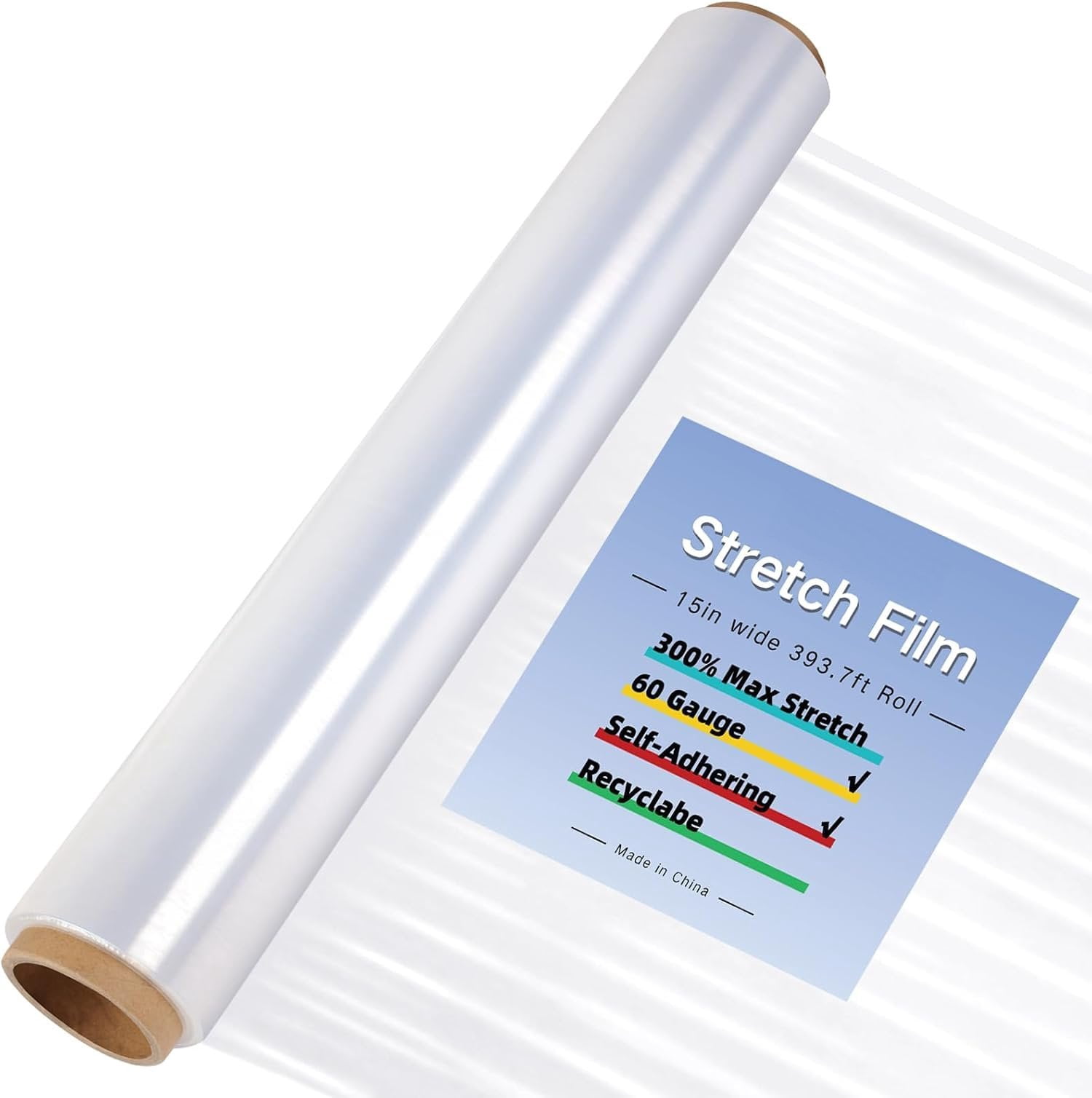 Stretch Film Rack Stretch Film Roll,15IN Wide 393.7FT Long-60 Gauge Shrink Wrap Film,Self ...