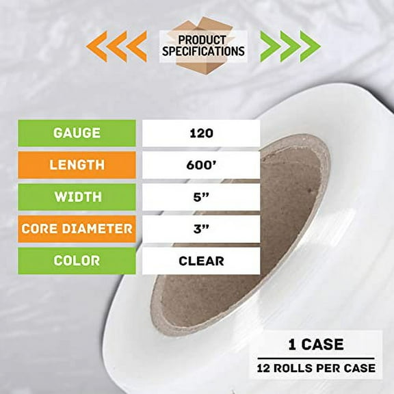 Stretch Film Wrap, Heavy Duty Plastic Packing Wrap Rolls, Clear, 5 Inch x 600 Feet, 120 Gauge, 12 Pack