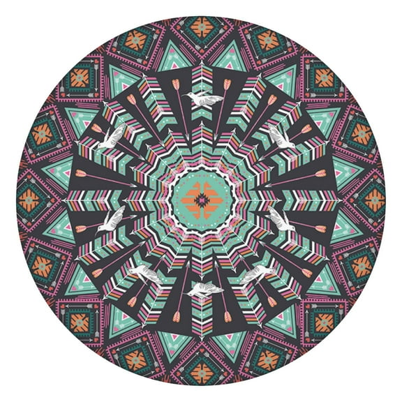 Stretch Fit Round Tablecloth with Floral Bohemian Pattern, 44 Inch Elastic Hem for 38"-42" Tables, Easy Clean Cover for Daily Protection