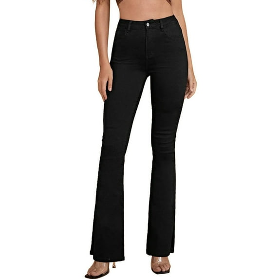 Stretch Flare Jeans For Women Stretchy Denim Pants Slimming Denim Trousers With Pockets Black