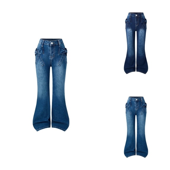 Stretch Flared Denim Pants for Girls â High-Waisted Bell Bottom Jeans with 3D Bow Design, Comfortable Casual Wear with Pockets (Ages 7-16)