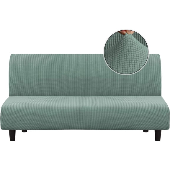 Stretch Futon Cover Armless Sofa Cover Sofa Bed Slipcover Futon Couch Cover Furniture Protector with Elastic Bottom Thick Soft Checked Jacquard Fabric, Dark Cyan
