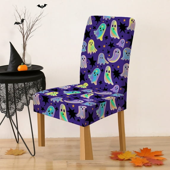 Stretch Halloween Chair Cover - Spooky Print Elastic Seat Slipcover Universal Fit Dining Office Chair Protector Washable Decor(Purple)