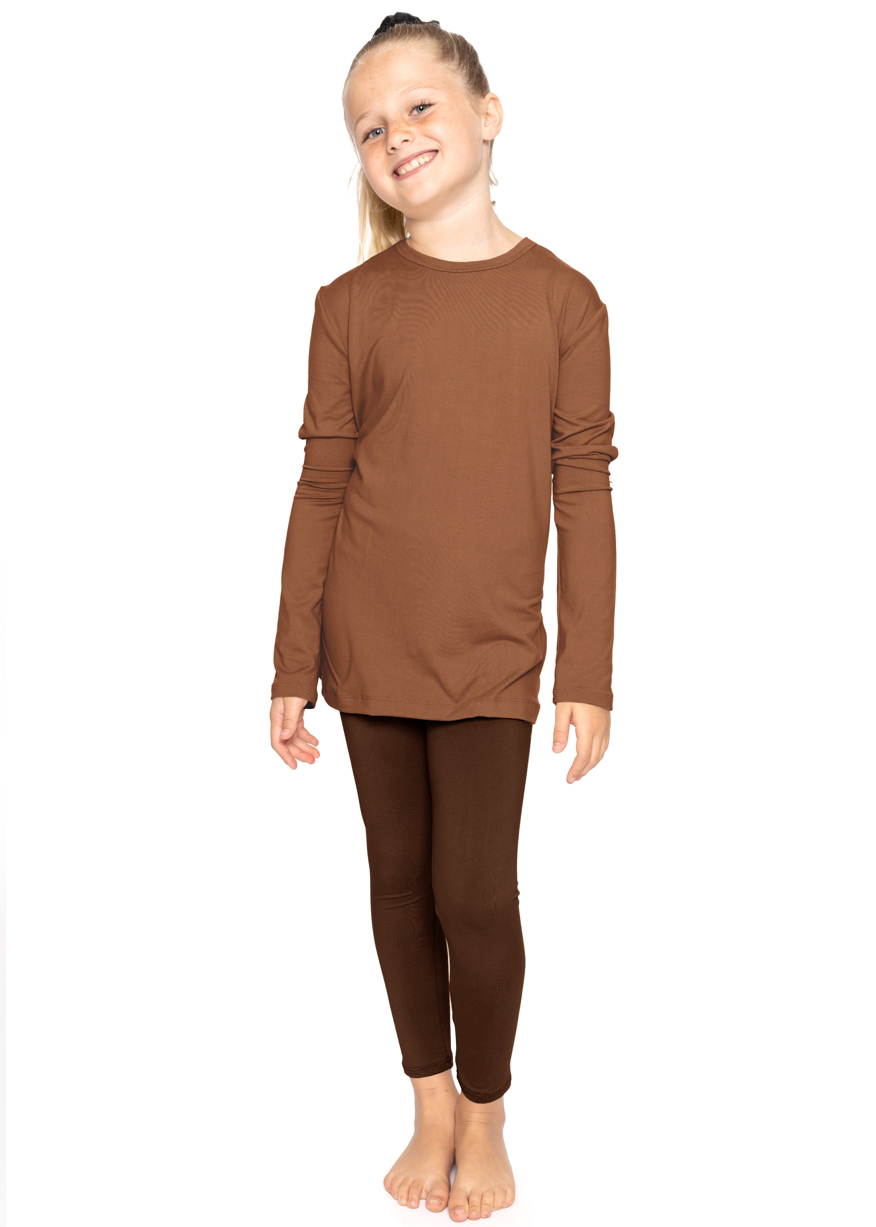 Stretch Is Comfort Girl's Long Sleeve Crew Neck and Leggings Set Almond Top with Brown Leggings Large