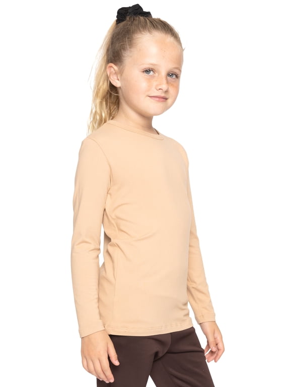 Girl's Poly/Spandex Crew Neck Long Sleeve Top Beige Small