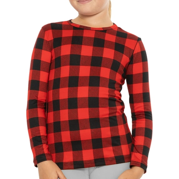 Stretch Is Comfort Girl's Poly/Spandex Crew Neck Long Sleeve Top Red Buffalo Plaid Large