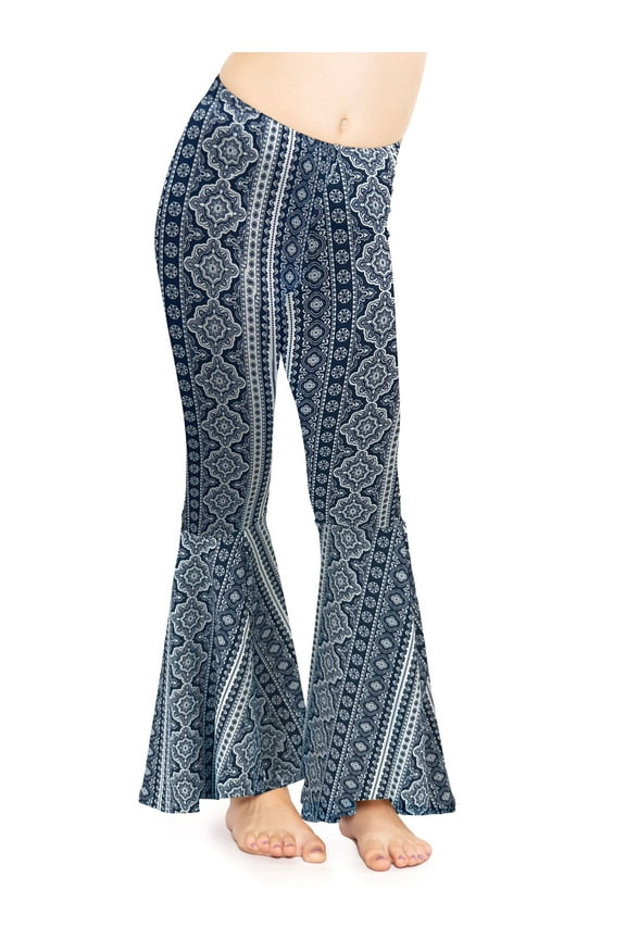 Girl's Poly/Spandex Stretch Bell Bottom Legging Boho Chakra Blue X-Large