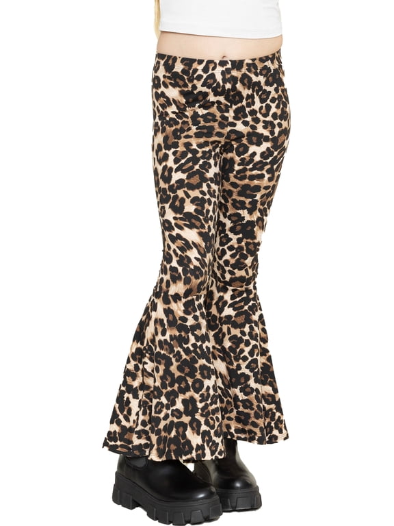Girl's Poly/Spandex Stretch Bell Bottom Leggings Brown Leopard Large