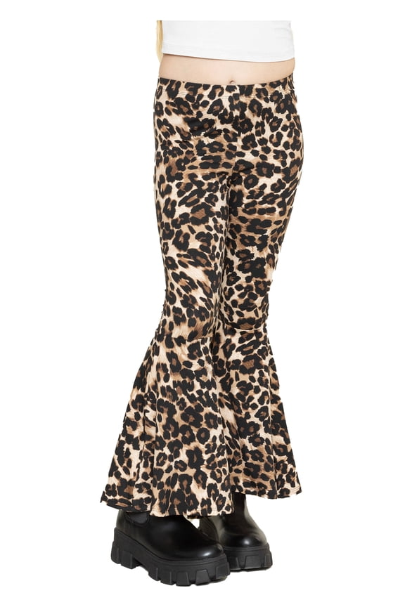 Girl's Poly/Spandex Stretch Bell Bottom Leggings Brown Leopard Medium
