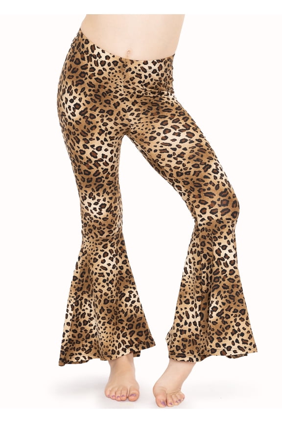Girl's Poly/Spandex Stretch Bell Bottoms Flare Pants Brown Cheetah Large