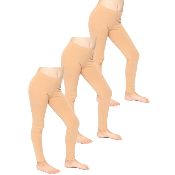 Stretch Is Comfort Girl's Set of 3 Cotton Footless Leggings Beige Large
