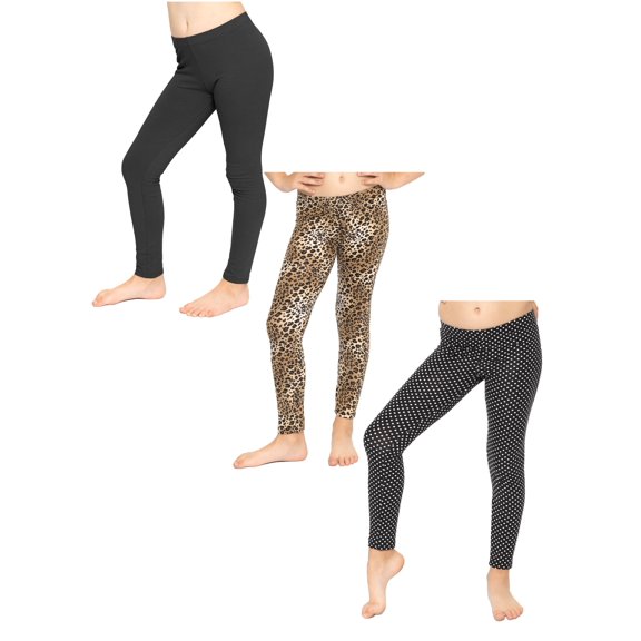 Stretch Is Comfort Girl's Set of 3 Cotton Footless Leggings Black Brown-Cheetah Polka-Dot XX-Small