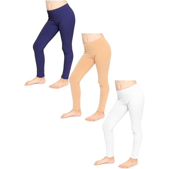 Stretch Is Comfort Girl's Set of 3 Cotton Footless Leggings Navy-Blue Baige White Small
