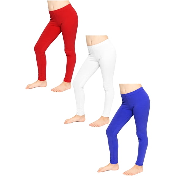 Stretch Is Comfort Girl's Set of 3 Cotton Footless Leggings Red White Royal-Blue Large