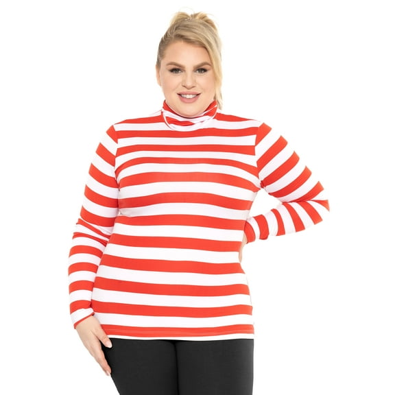 Stretch Is Comfort Women's Plus Size Warm Long Sleeve Turtleneck Top Red White Stripes 2X