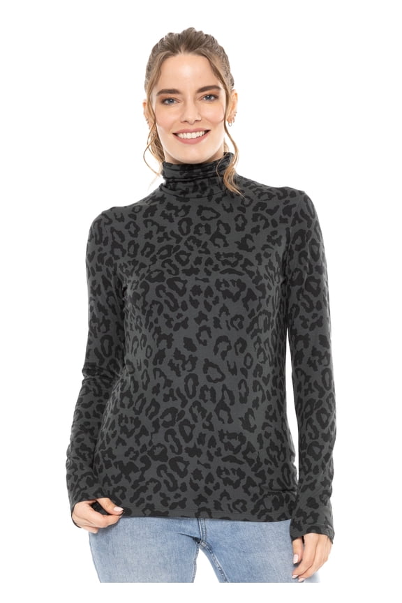 Women's Warm Long Sleeve Turtleneck Top Black Cheetah Medium