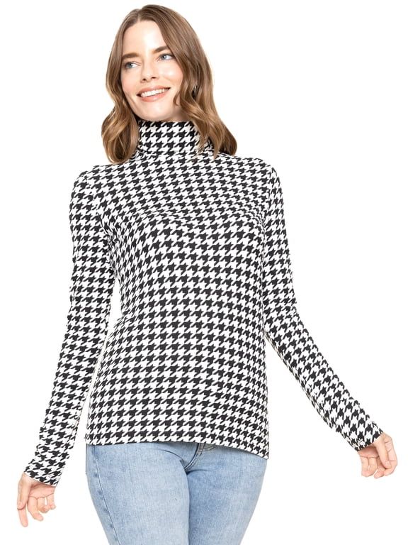 Women's Warm Long Sleeve Turtleneck Top Houndstooth 3X