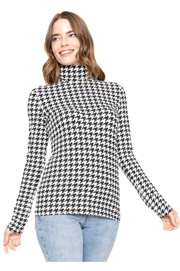 Women's Warm Long Sleeve Turtleneck Top Houndstooth X-Large