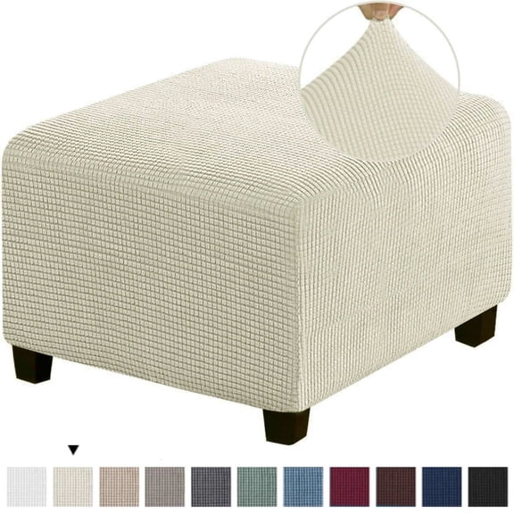 Stretch Jacquard Square Ottoman Cover Footrest Stool Slipcover, Off White, Fits L&W 80-100cm H 38-45cm
