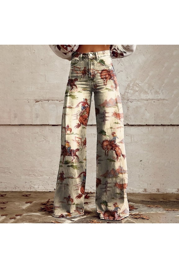 Stretch Jeans For Women Straight Leg Floral Print Fashion Elastic Denim Pants Lightweight Outdoor Hiking Pants With Pocket Beige L