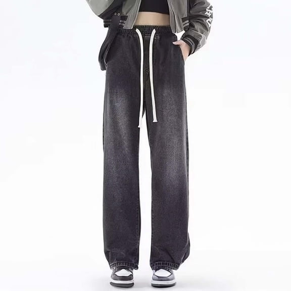 Stretch Jeans For Women Straight Leg Loose Fit Casual Elastic Denim Pants Lightweight Comfort Outdoor Hiking Pants With Pocket Dark Gray XXL