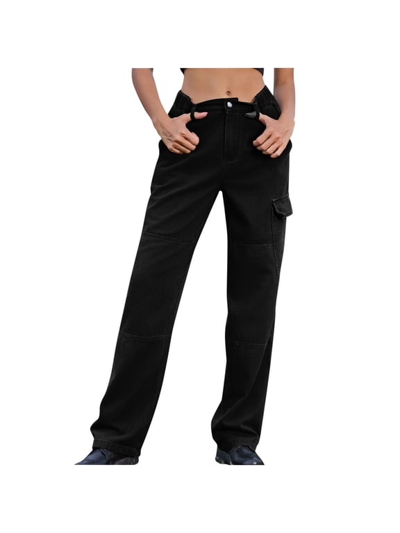 Stretch Jeans Womens Cargo Denim Jeans High Waisted Stretchy Flap Pocket Straight Leg Pants Sweatpants Jeans for Women Black S