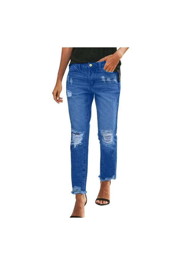 Stretch Jeans for Women Ripped Knee Hole High Waist Slim Button Up Pant Lightweight Fashion Lifting Trousers Fashion Streetwear Denim Pants