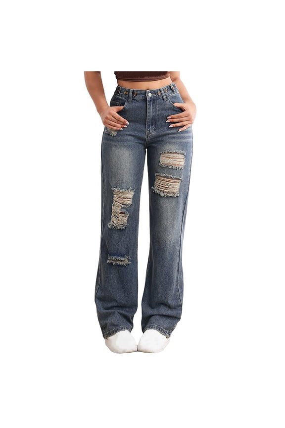 Stretch Jeans for lady Baggy Jeans for Woman, High Waisted Wide Leg Ripped Jean Pants, Vintage Streetwear Denim Trousers with Pockets for Teens Blue XL
