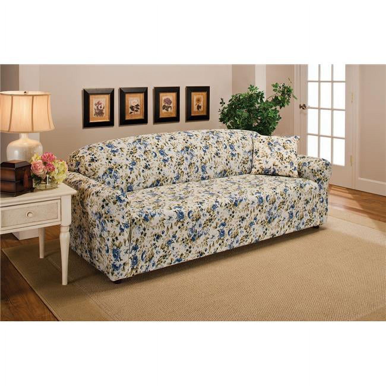 Floral Blue Stretch Jersey Sofa Slipcover