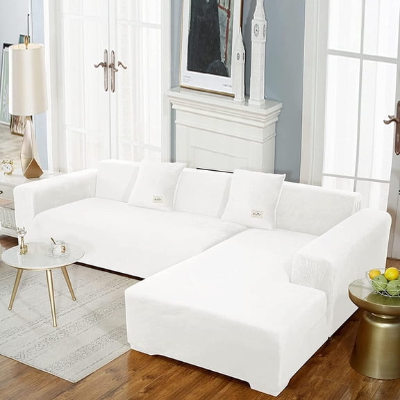 Stretch L-Shape Sofa Cover, Velvet 1 2 3 4 Seat Sectional Sofa Slipcover Soft Chaise Lounge Couch Cover (White,1 seat 35-55inch)