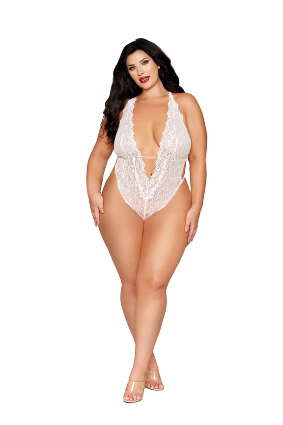 Stretch Lace Teddy w/Removable Pearl Harness - White QN