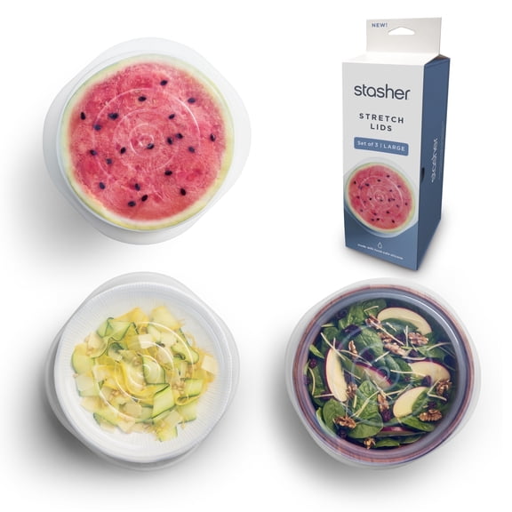Stasher Premium Reusable Silicone Stretch Lids, Airtight Seal, BPA Free, Dishwasher Safe/Leak Free, Clear, Each 9 inches, 3 pack Lids