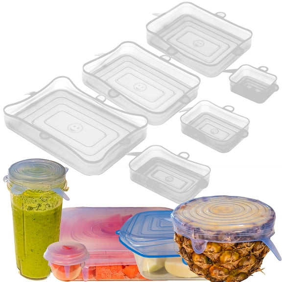 Stretch Lids Silicone Food Storage Container Lids - Reusable Rectangular 6-Pack - Leak-Proof & Eco-Friendly Covers for Fresh Food Storage in Plastic Containers, Jars, Bins, cups & Mason Bowls - White