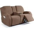 thumbnail image 1 of Stretch Loveseat Recliner Covers with Console 4-Pieces Recliner Sofa Covers with Pockets Jacquard Reclining Couch Covers Furniture Protector with Elastic Straps Bottom (2 Seater, Brown), 1 of 12