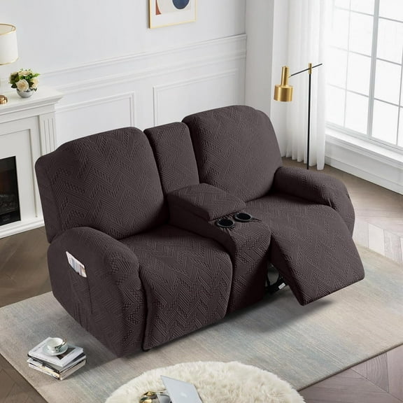 Stretch Loveseat Recliner Covers with Console 4-Pieces Recliner Sofa Covers with Pockets Jacquard Reclining Couch Covers Furniture Protector with Elastic Straps Bottom (2 Seater, Chocolate)