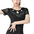 thumbnail image 1 of Stretch Net Sheer Short Sleeves Crystallized Keyhole Cutout Latin Ballroom Dance Top Shirts, 1 of 3