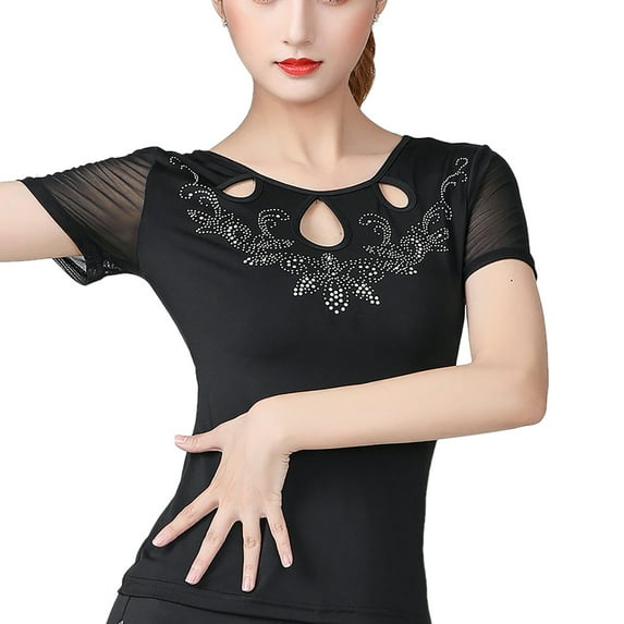 Stretch Net Sheer Short Sleeves Crystallized Keyhole Cutout Latin Ballroom Dance Top Shirts