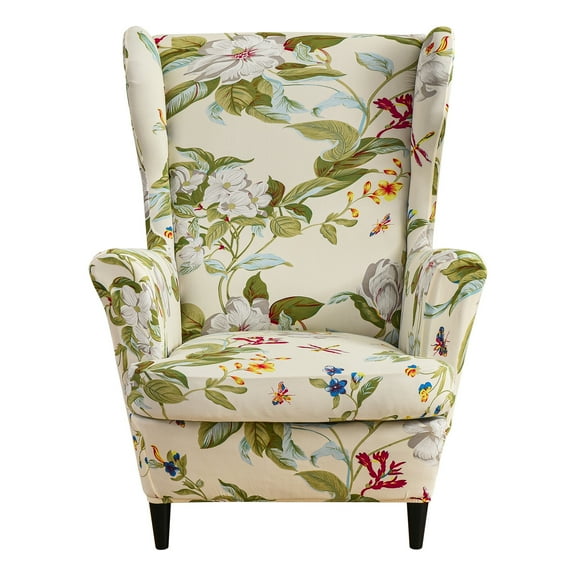 Stretch Non-Slip Polyester Wing Chair Slipcover, Beige Floral