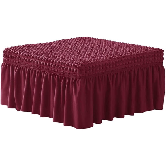 Stretch Ottoman Covers, 3D Bubble Lattice Ottoman Slipcovers with Ruffled Skirt Footstool Modern Furniture Protector Bubble Covers for Living Room and Bedroom (Wine Red)