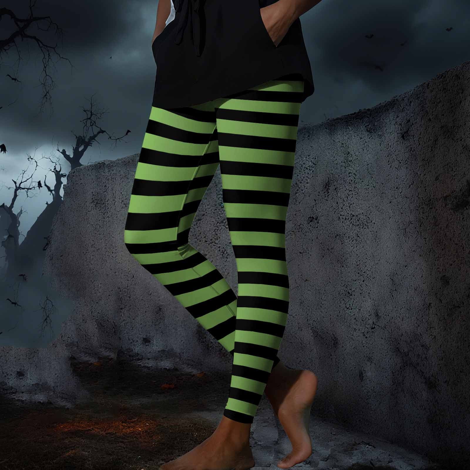 Halloween Leggings Plus Size Green And Black Striped Leggings