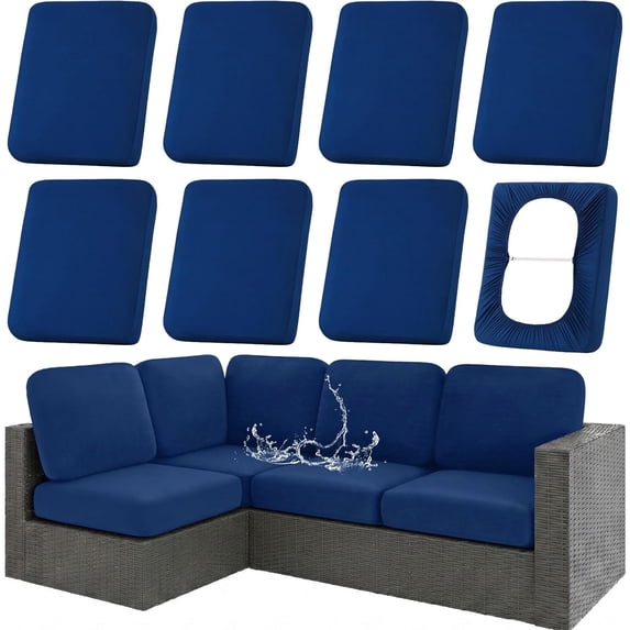 Stretch Patio Cushion Covers 4/8 Pack, UV Resistant Outdoor Seat Slipcovers, Washable Furniture Protector for Dogs Pets Deep Blue
