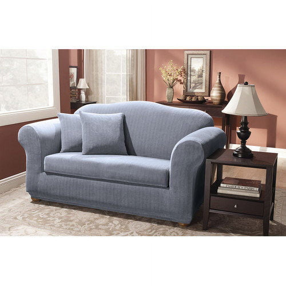 Stretch Pinstripe Sage 2 Piece Loveseat Slipcover