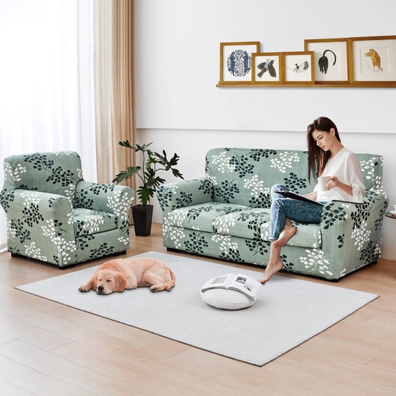 Stretch Printed Sofa Cover Couch Covers, 6-Piece Sofa Slipcovers with 3 Separate Cushion Cover & 2 Pillow Case, Washable Soft Spandex Furniture Protector for Living Room(Sofa, Leaf Pattern)