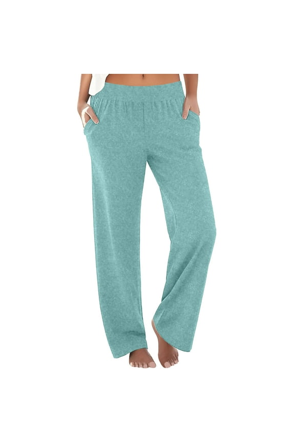 Stretch Pull on Pants Women Elastic Waist Straight Leg Pants with Pockets Casual Loose Beach Vacation Soft Comfy Trousers