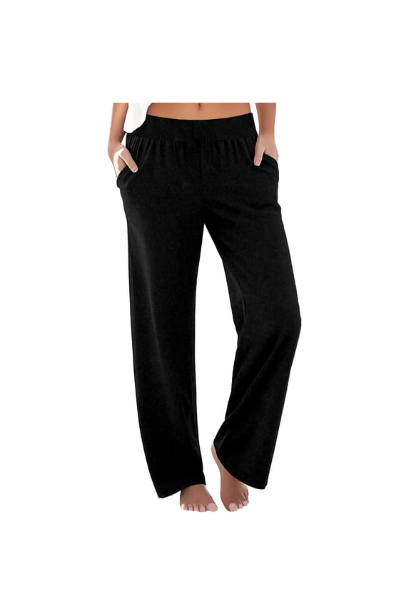 Stretch Pull on Pants Women Elastic Waist Straight Leg Pants with Pockets Casual Loose Beach Vacation Soft Comfy Trousers